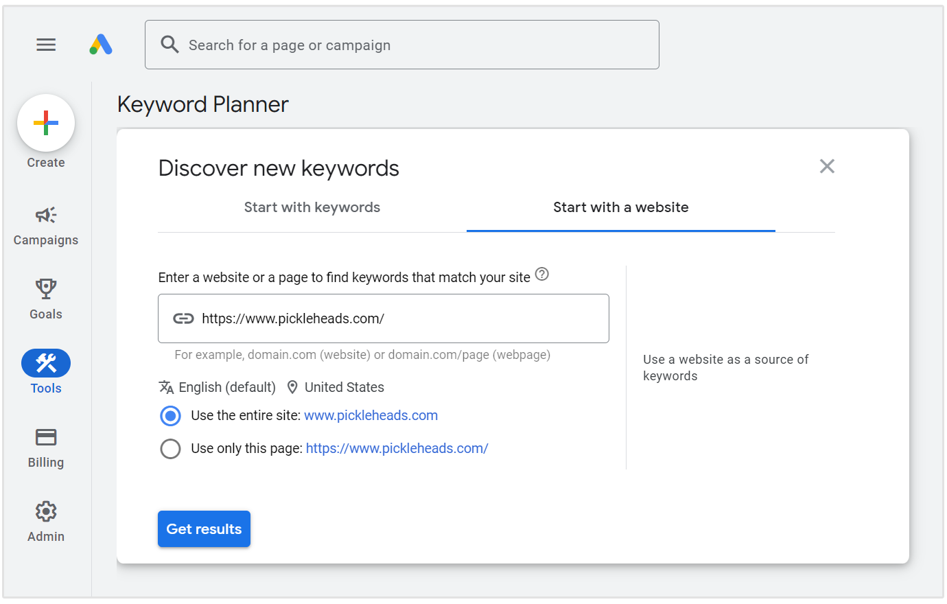 adicionar site ao planejador de palavras-chave do google